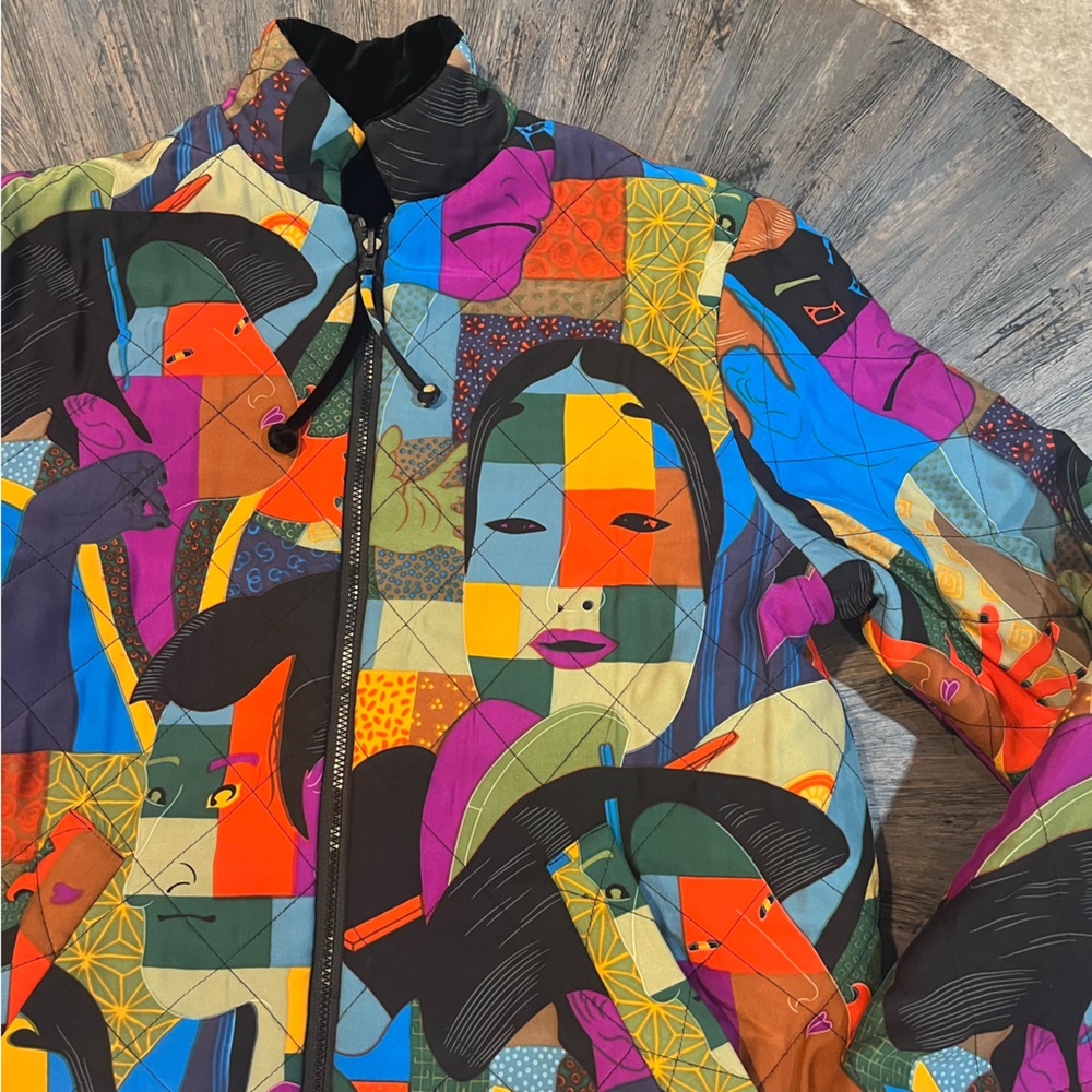 Vintage Pearl River‎ Reversible Silk Jacket – Sm – Abstract Faces & Black Velvet - Picture 3 of 15